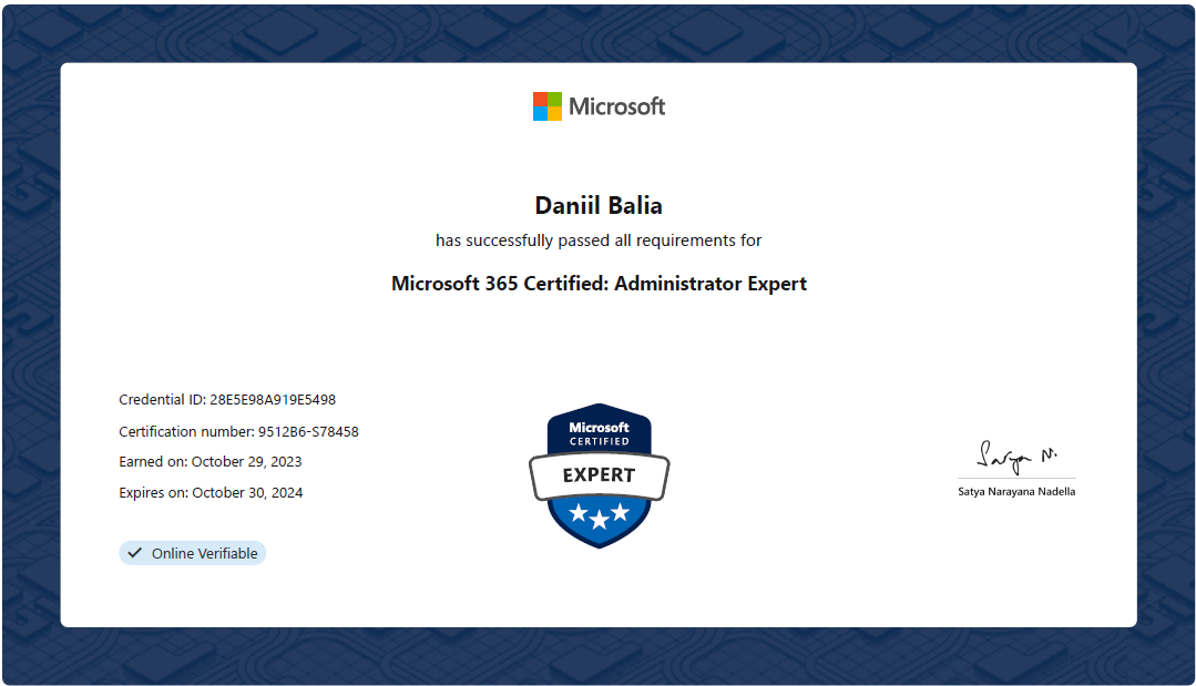 Вітаємо Даніілу Балю з отриманням сертифікації Microsoft 365 Certified: Administration Expert