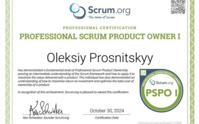 Олексій Просніцький отримав сертифікацію Professional Scrum Product Owner™ I (PSPO I)