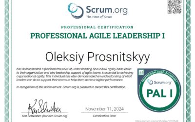 Олексій Просніцький отримав сертифікацію Professional Agile Leadership I (PAL I)